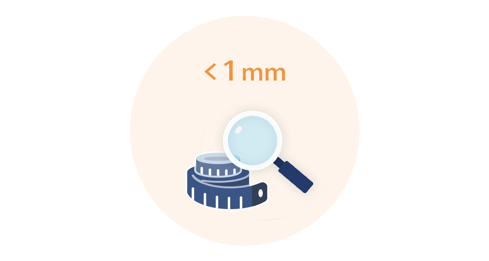 A magnifying glass is focused on a tiny object, with the text “<1mm” indicating the object's size.