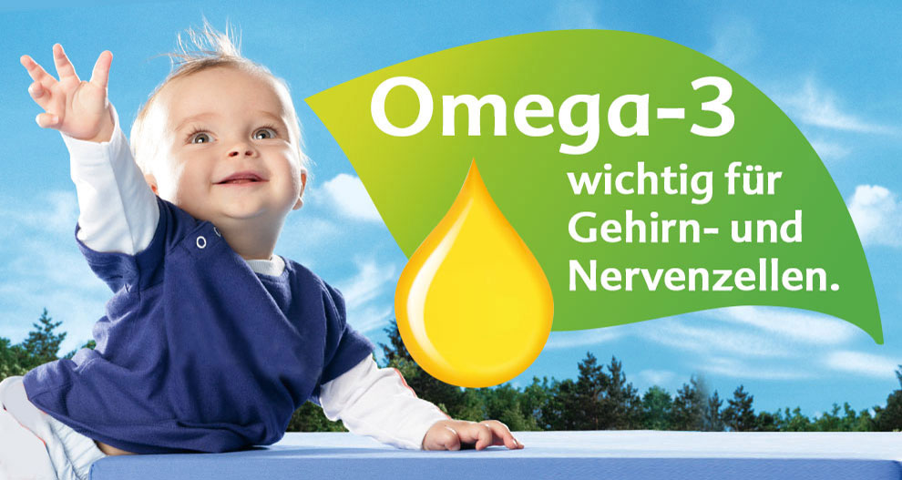 Un bebé estirando la mano con un gráfico de Omega-3 y texto en alemán de fondo.