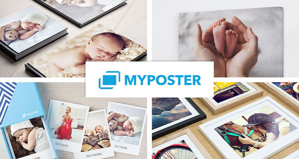 Un collage de varias fotografías, incluidos bebés, una bicicleta y paisajes, presentado por la empresa MYPOSTER.