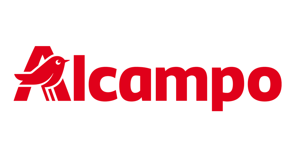 Un logotipo rojo con la palabra "alcampo" y un gráfico de un pájaro estilizado.