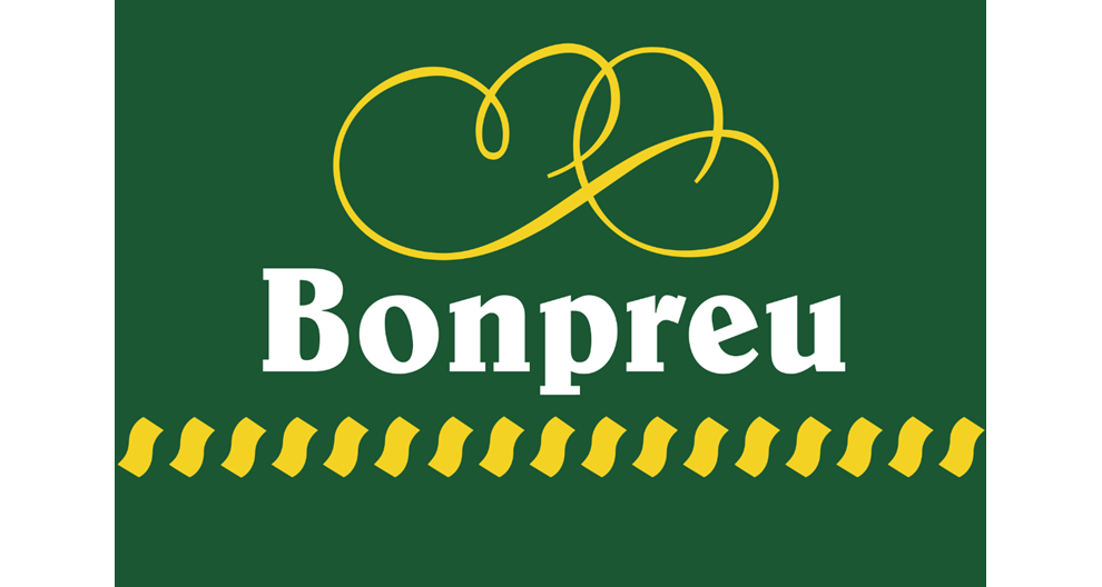 La palabra "bonpreu" escrita en letras mayúsculas, blancas y en negrita sobre fondo verde, con un remolino decorativo sobre el texto.