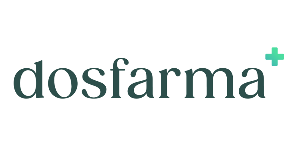 La palabra "dosfarma" en letras minúsculas, negras y en negrita, con un signo más verde a la derecha de la palabra.